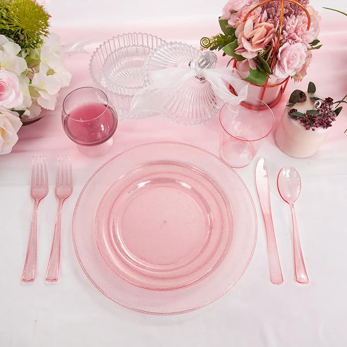DaYammi 150PCS Pink Plastic Plates,Mother's Day Disposable Pink Dinnerware Set Clear pink Party plates with Silver Glitter Design Include 25 Dinner plates,25 Cake Plate,75 Cutlery,25 Cup for Party