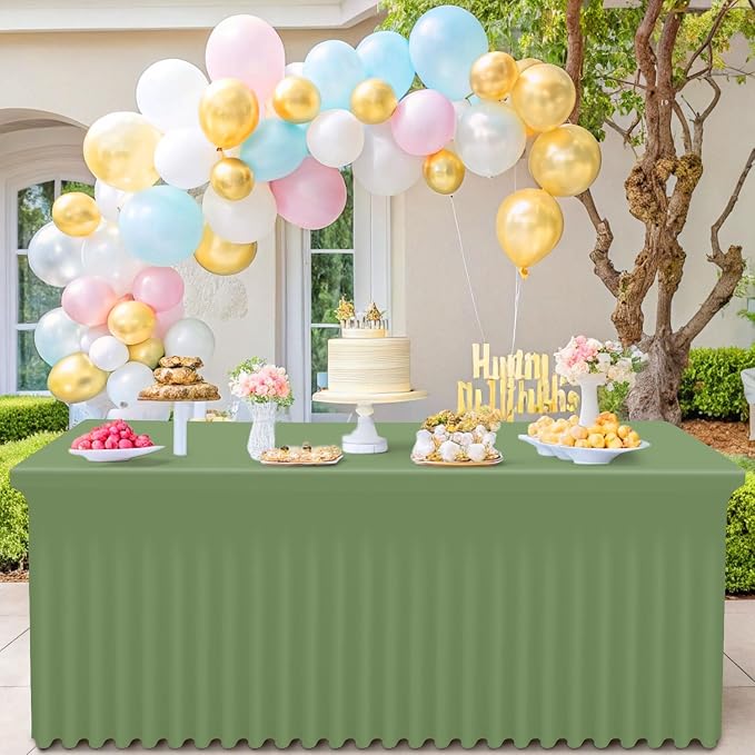 Smiry Spandex Tablecloth 2 Pack, Elastic Fitted Stretch Tablecloth for 8FT Rectangle Tables, Waterproof Washable Table Cover Skirt for Wedding, Banquet & Parties (Sage Green, 96Lx30Wx30H Inch)