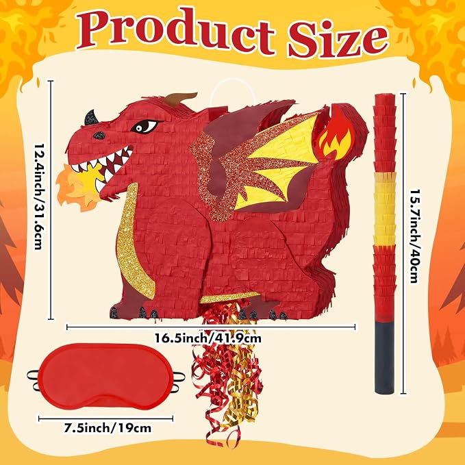 WERNNSAI Red Dragon Piñata - Dino Themed Piñata with Pull String, Stick and Blindfold, Piñata for Dragon Birthday Party Decorations Carnivals Games Supplies Summer Party (16.5"x12.4"x3")