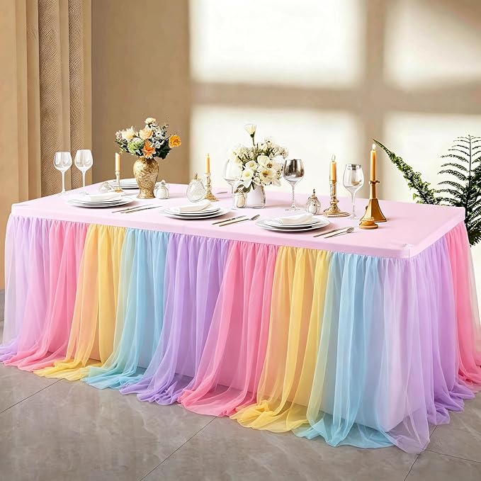 6 Pack Rainbow Tablecloths with Tulle Table Skirt for 6 Foot Rectangle Tables, Party Ruffle Tutu Table Skirt Stretch Fitted Covers for Wedding Reception Birthday Baby Shower Celebration Banquet Event