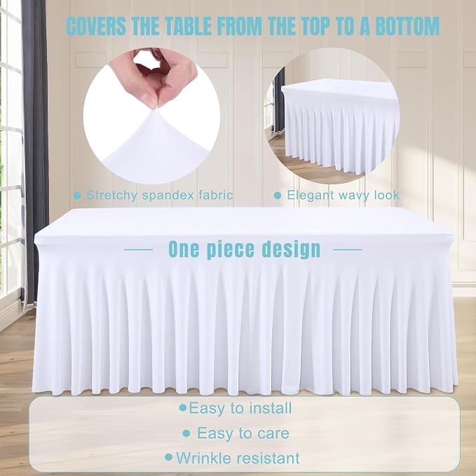 6 Packs White Tableclothes for 8 Foot Rectangle Tables, Wrinkle Resistant Fitted Table Cloth Stretch Spandex Table Covers with Skirt for Event Banquet Wedding Birthday Party