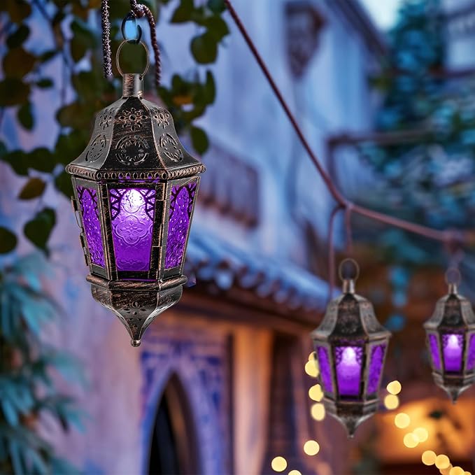 Moroccan Decorations Indoor, 13.6’’ Lantern Decorative Outdoor, Halloween Style Hanging Lantern with Chain for Home Porch Patio Decor, Vintage Metal Christmas Ramadan Candle Holders(Purple)