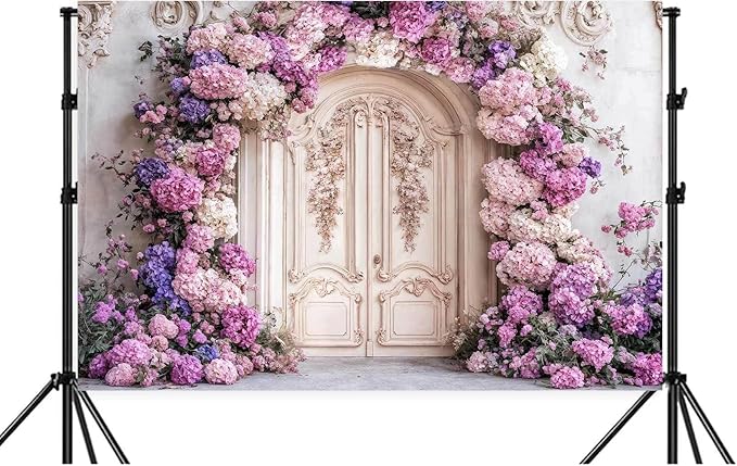 7X5ft Flower Backdrop Purple Floral Arch Retro Door Photography Backdrops Modern Interior European Style Wall Decoration Wedding Portrait Background Studio Photo Booth Props