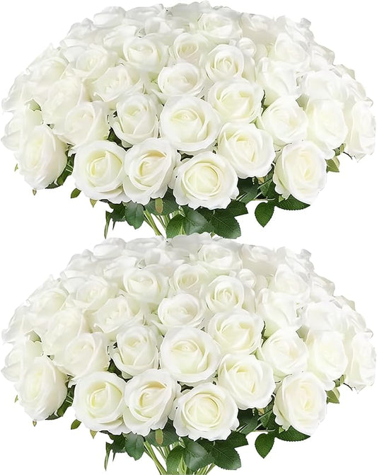 60 Pcs White Roses Artificial Flowers,Artificial Roses in Bulk,Fake Roses with Stems,DIY Wedding Bouquets,Wedding ornaments,Valentine's Day Party Decorations,A rose symbolizes love(white, 60 pcs)