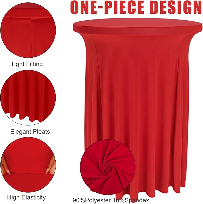 Fivenl 6 Pack Round Cocktail Tablecloth 32"x 43" Spandex Cocktail Table Skirt, Washable Stretch Fitted Table Covers for High Top Bar,Wedding,Party,Events (Red)