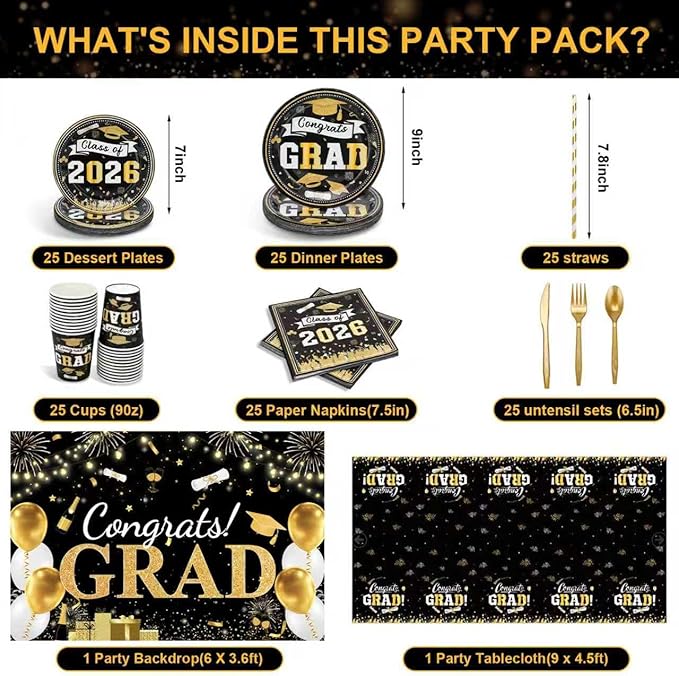 2026 Graduation Party Decorations Kit - 280 Pcs Black Gold Graduation Party Supplies Include Plates, Napkins,Cups, Straws,Tablecloth,Balloon Garland Congrats Grad Backdrop for 25 Guests