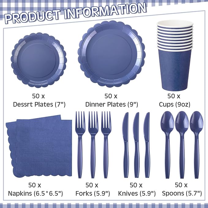 Ziliny 350 Pcs Navy Blue Plates and Napkins, 50 Guest Graduation Party Supplies Include Scalloped Paper Plates Napkins Cups Plastic Spoons Forks Knives Disposable Tableware Set for School Graduate