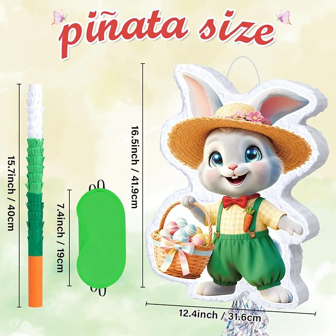 WERNNSAI Easter Bunny Piñata – Green Rabbit Piñata with Blindfold and Stick Spring Easter Egg Hunt Game Party Decorations Birthday Carnival Supplies