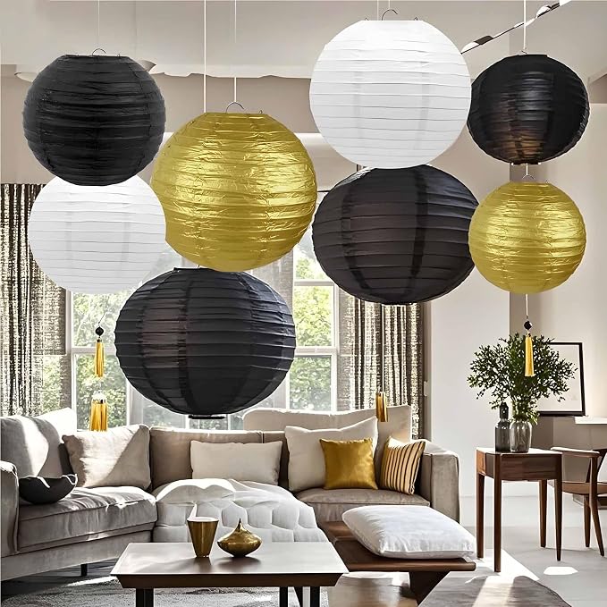Black-Gold and White Paper Lanterns 12Pcs Hanging Lanterns for Birthday Party, Wedding, Home Decor, Baby Shower Festive Decoration