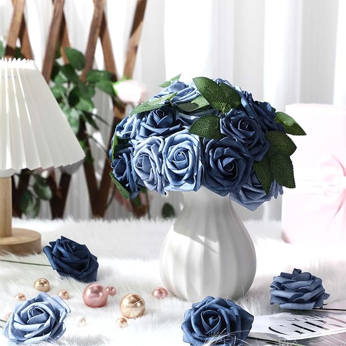 50 Pcs Artificial Foam Rose Flower Faux Bouquet Wedding Fake Rose Gift for Mother's Day Women DIY Bridal Shower Party Table Birthday Home Spring Decor (Dusty Blue Shades)