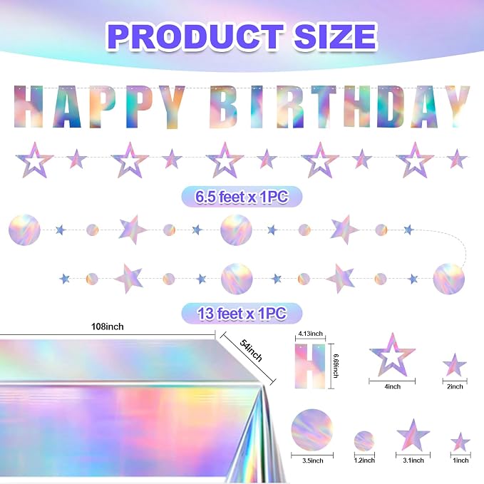 Iridescent Party decorations Kpop Birthday Decorations Holographic Party Supplies Iridescent Plates Cups Napkins Tablecloth Birthday Banner Star Garland Streamer Disco Kpop Party Serve 24