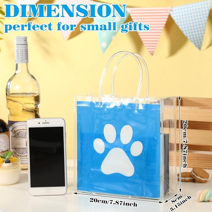 Teenyyou 24 Pcs Dog Paw Clear PVC Gift Bags with Handle Puppy Party Favor Reusable Plastic Wrap Tote Goodie Candy Treat Gift Bags Transparent for Puppy Pet Theme Birthday Party Supplies