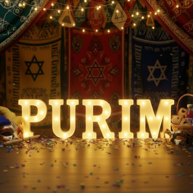 Honoson 5 Pcs Happy Purim Party Decorations Purim Light up Neon Lights Sign for Jewish Carnival Party Indoor Outdoor Table Wall Decorations Activity Supply