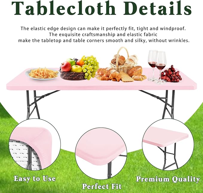 6 Foot Picnic Table Cover Fitted Elastic Tablecloth for Rectangle Table 10 Pack Waterproof Stretch Washable Folding Indoor Outdoor Spandex Tablecloth for Parties Banquet Camping (Pink,30" x 72")