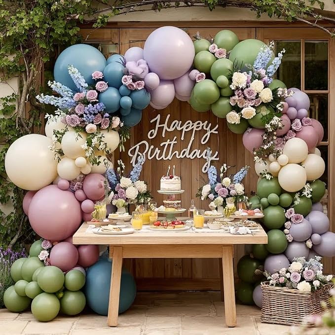 Blue Green Pink Balloon Garland Double Stuffed Sage Green Dusty Blue Pink Purple Lavender Balloons Pastel Balloon Arch Kit for Birthday Baby Shower Gender Reveal Flower Tea Party Decorations