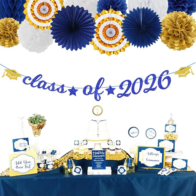 Navy-Blue Gold-White Party-Decoration Graduation Banner - 14pcs Kits Cap Garland Streamers, Royal Paper Tissue Pom Poms Flowers Fans Honeycomb,Class Of 2026 College High School Grad Decor Hugfond