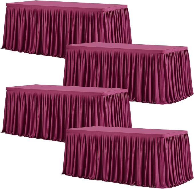 Wish Care 4 Pack Wine Red Rectangle Table Clothes for 8 Foot Tables, Polyester Fitted Tablecloths 8ft Stretch Table Cover for Wedding, Birthday, Parties, Trade Show, Craft Show
