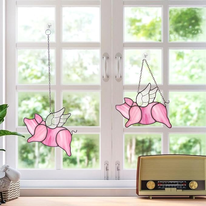 Flying Pig Suncatcher, Stained Glass Window Hanging Decor, Handmade Gift for Pig Lovers Women Mom - Funny Animal Party & Nursery Decoration
