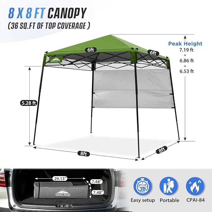 EAGLE PEAK 8x8 Pop Up Canopy Tent with Sidewall, Compact, Portable Slant Leg Instant Sun Shelter for Beach, Sports, & Camping, 8x8 Base 6x6 Top, Grass Green