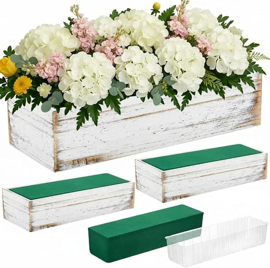 Dandat 3 Set Wood Boxes for Centerpieces 12x4 Inch Rectangle Wooden Planter Box Rustic Wooden Planters with Removable Plastic Liner Floral Foam Blocks for Christmas Wedding Home Garden Decor(White)