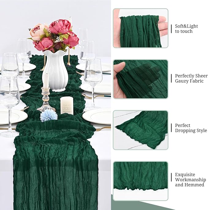 24 Pack Forest Green Cheesecloth Table Runner ,10FT Cheese Cloth Table Runner for Wedding Decor, 20x120inch Rustic Boho Gauze Table Runners for Christmas Wedding Party Bridal Shower