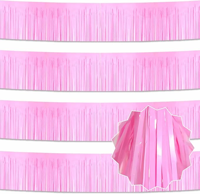 4 Pack 10 Ft Macaron Pink Foil Fringe Garland Metallic Streamers Tinsel Banner Wall Hanging Garland Backdrop for Parade Floats, Graduation, Theme Party, Carnival, Birthday, Wedding Party Decorations