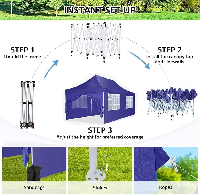 COBIZI Canopy 10x20 Pop Up Canopy Tent with Sidewalls, Waterproof Commercial Canopy Ez Outdoor Instant Gazebo UV Protection 50+ Event Shelter, Garden Tents for Parties with Sandbags, Navy Blue