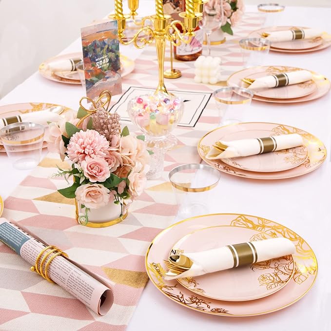 DaYammi 210Pcs Pink Gold Plastic Plates Floral Plates,Pink Disposable Dinnerware Set Includes 60 pink Plate,30 gold Plastic Silverware,30 Per Rolled Napkins,30 Cups,Party plates for Mother's Day Party