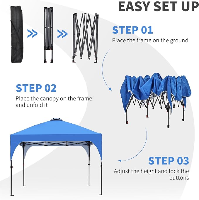 GDY 10x10 Pop Up Canopy Tent, Outdoor Gazebo with 4 Sandbags, Easy Up Canopy with 3 Adjustable Heights for Events, Parties, Camping, Blue.