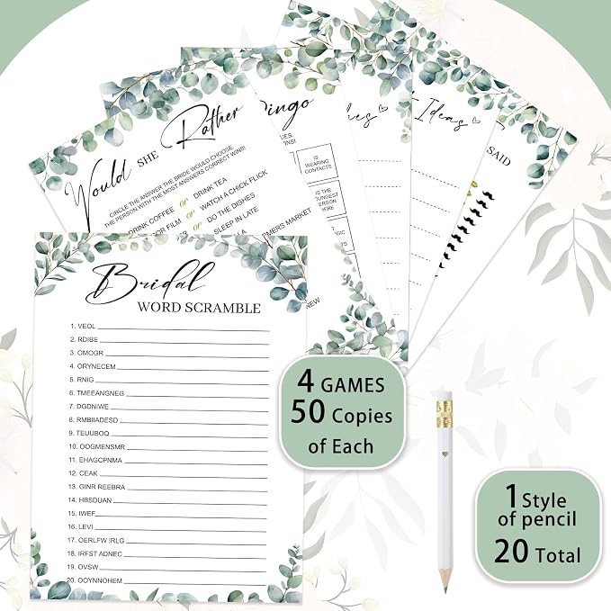 Silipull Bridal Shower Games Set for 50 Guests Includes Bingo, He Said She Said, Scramble, Would She Rather, Advice and Wishes Wedding Games Double Sided with Wooden Box, 20 Pencils(Eucalyptus)