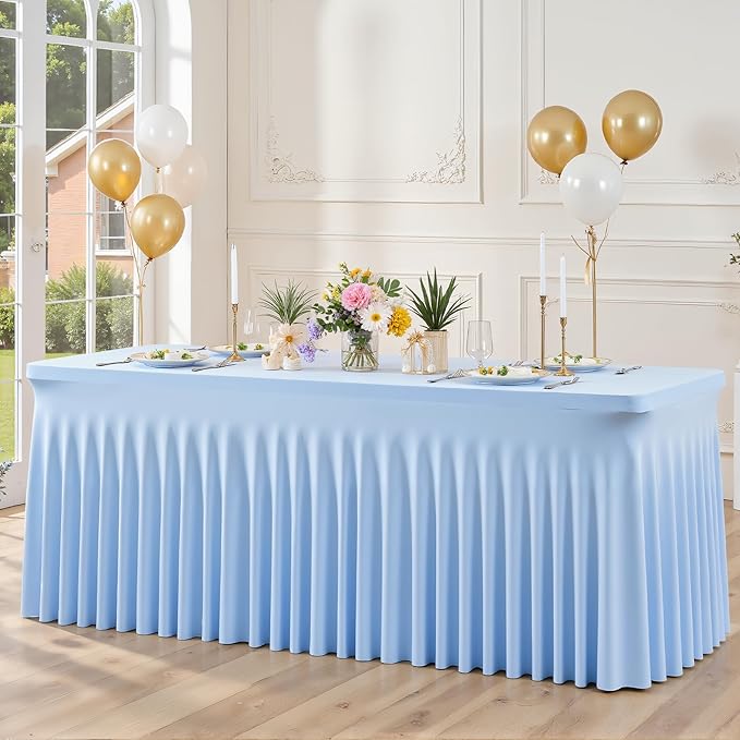 2 Pack Baby Blue Spandex Tablecloths for Rectangle Tables 8 Foot Blue Stretch Table Cloth Rectangle 8ft Elastic Fitted Table Cover with Skirt for Wedding Baby Shower Boy Birthday Party Banquet Buffet