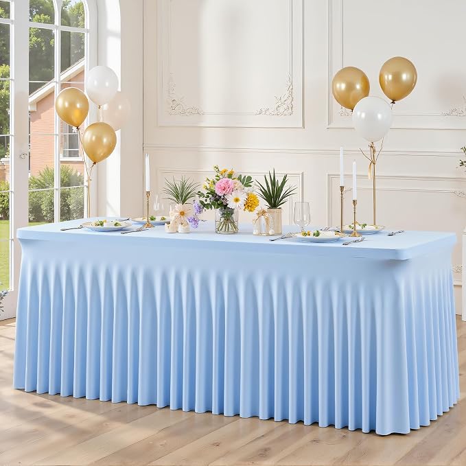Baby Blue Spandex Tablecloths for Rectangle Tables 6 Foot Light Blue Stretch Table Cloth Rectangle 6ft Elastic Fitted Table Cover with Skirt for Wedding Baby Shower Boy Birthday Party Banquet Buffet