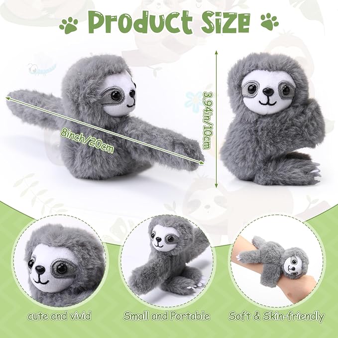 Liliful 8 Pack Kids Plush Gifts Stuffed Animal Cat Slap Bracelets - 8 Inch Back to School Prize Box Toys Wrist Cute Snap Birthday Rewards for Boys Girls Child Pet Adoption Party Favors(Sloths)