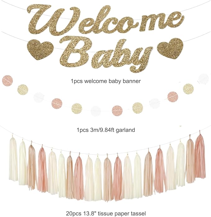 Champagne Gold Beige Baby Shower Party Decorations, Welcome Baby Banner, Paper Pompoms, Lanterns, Fans, Hanging Swirls, Circle Dots Garland Tassel Garland for Baby Shower Decorations 37pcs