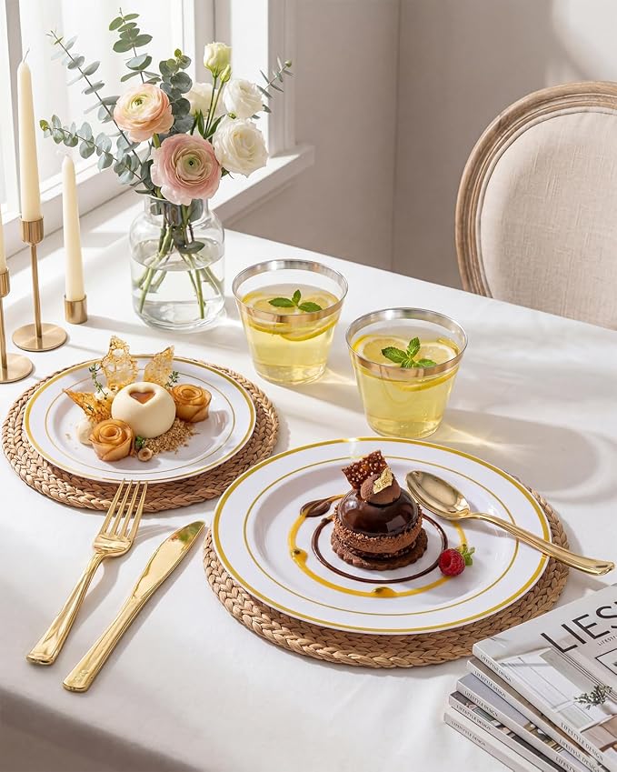 bUCLA 300PCS Gold Disposable Dinnerware Set - White and Gold Plastic Plates - Include 50 Each (Dinner&Dessert) Plates,50 Knives,50 Forks,50 Spoons,50 Cups for Party