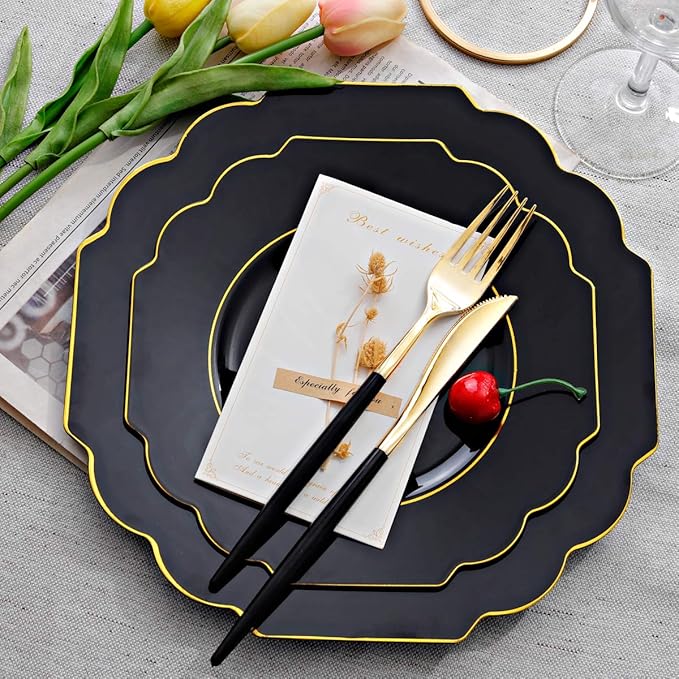 Supernal 60pcs Black Plastic Plates with Gold Rim, Baroque Black and Gold Plastic Plates, Include 30 Dinner Plate, 30 Appetizer Plate, Suit for Party, Birthday, Wedding, Halloween