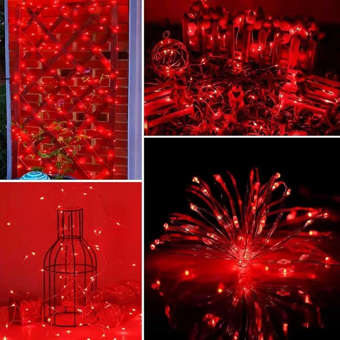 YEGUO 4 Pack Halloween Solar Fairy Lights, Each 33ft 100 LED Red Christmas Lights Outdoor Waterproof, 8 Modes Sliver Wire Solar String Lights