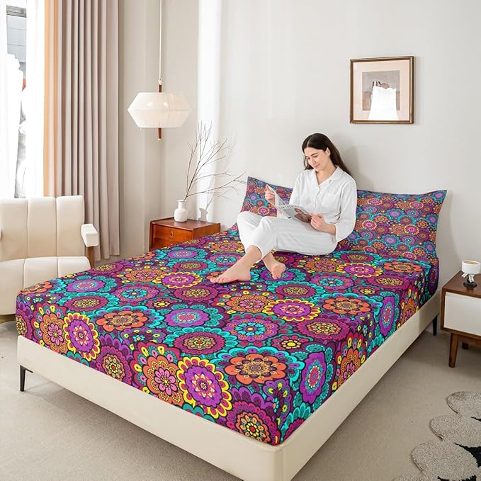 Bohemian Flowers Sheet Set Queen Size Watercolor Mandala Floral Boho Style Bedding Set for Kids Teens Women Room Decor Exotic Rustic Plant Luxury Deep Pocket Bed Sheet Set 2 Pillowcase,Polyester