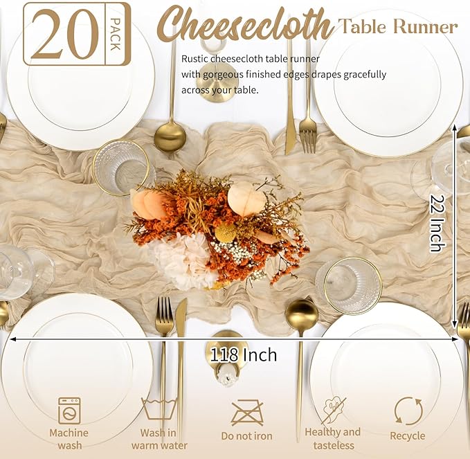 20 Pack Beige Table Runner 10FT Long Cheesecloth Table Runner Cheese Cloth Gauze for Wedding Party Birthday Decoration-Beige