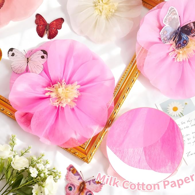 Large Paper Flower Decorations with 3D Butterfly Stickers Pink Yellow Giant Tissue Paper Flowers Pastel Flowers Butterfly Party Decoration for Spring Garden Girls Women Birthday Wedding Party