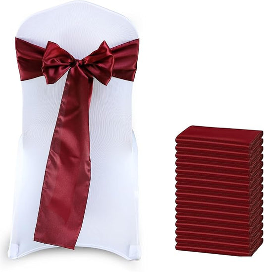MDS Satin Chair Sashes, 100 Pack, 7”x108” Each, Decorative Chair Bows Ribbon Tie Backs for Wedding Party, Holiday Dinner, Birthday, Reception, Banquet, Hotel & Event Decoration - Maroon