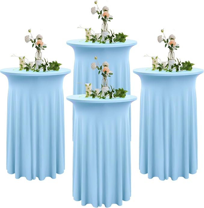4 Pack Baby Blue Round High Top Highboy Table Cloth 32inch×43inch Wrinkle Free Stretch Spandex Cocktail Tablecloths Table Covers for Cocktail Party Wedding Banquet Baby Shower Birthday