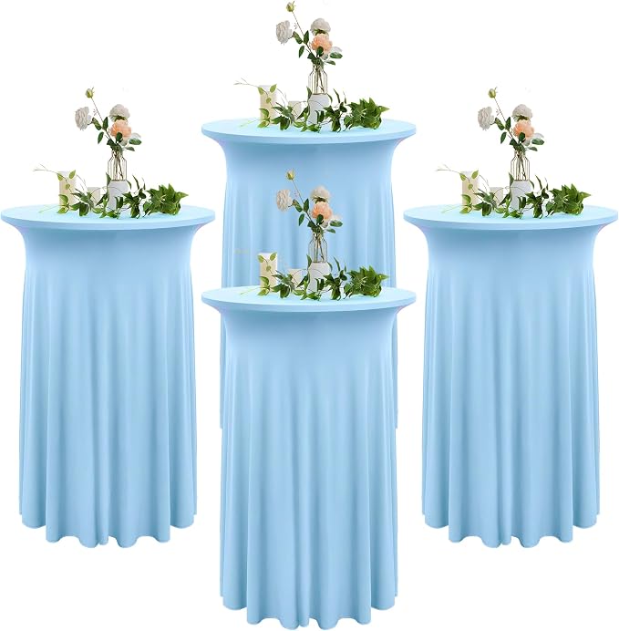 4 Pack Baby Blue Round High Top Cocktail Tablecloth 36inch×43inch, Wrinkle Free Stretch Spandex Highboy Cocktail Tablecloths Table Covers for Cocktail Party Bar Wedding Banquet Baby Shower Birthday