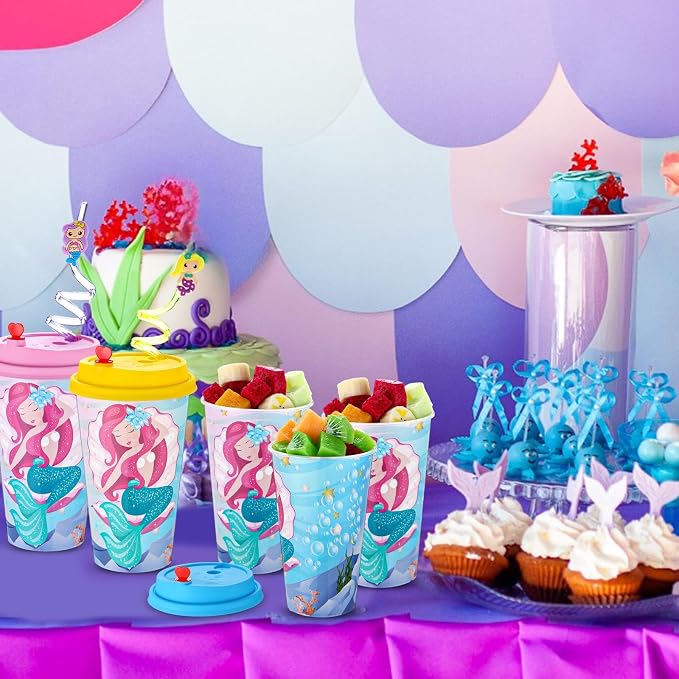 Maxcheck 36 Sets 16 oz Mermaid Party Favors Goodie Cups with Colorful Lids and Straws for Birthday Decorations Reusable Plastic Candy Cups Bulk Plastic Straws for Birthday Party Celebration Gifts