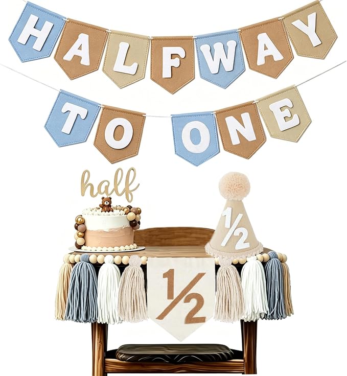 1/2 Birthday Boy Decorations-Half Way to One 6 Months Birthday Set with High Chair Banner Cake Topper & Hat for Baby Boy Party Supplies