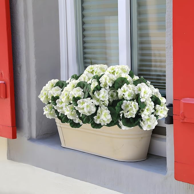 Hananona 12 Pcs Artificial Geranium Flowers for Outdoors Geranium White Silk Flowers Outdoor UV Resistant Garden Plants Faux Flowers for Home Kitchen Table Centerpieces Decor (12, White)