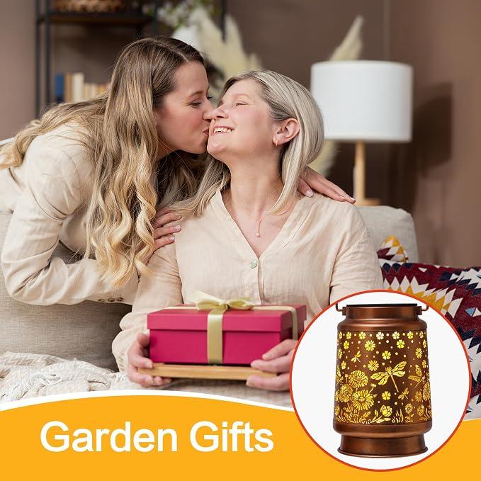 Dragonfly Solar Lanterns Outdoor Waterproof Daisy Garden Decor Birthday Gifts for Women Mom Grandma Hanging Solar Lights Metal Lantern Decoration Outside for Porch,Patio,Yard,Backyard