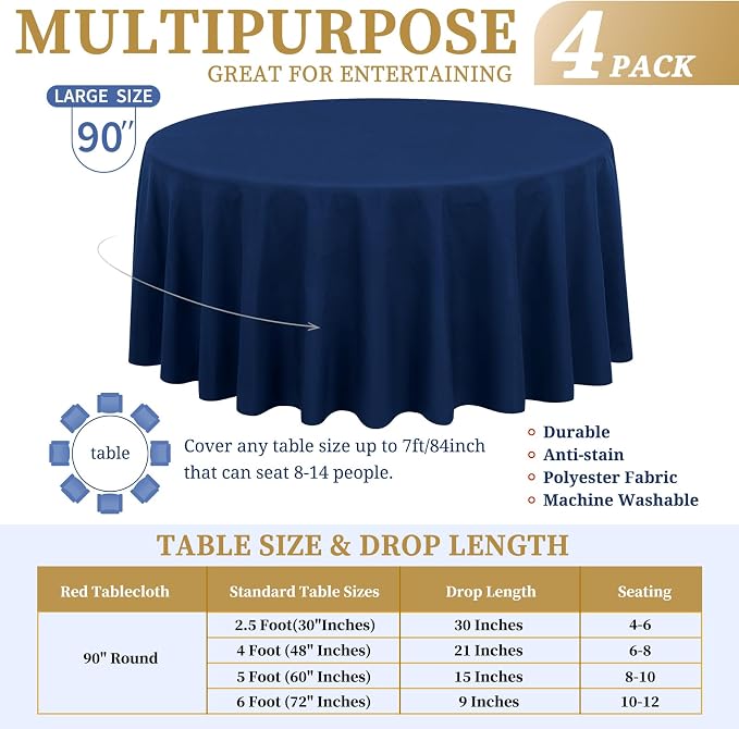 Showgeous 4 Pack Navy Blue Round Tablecloth 90 Inch Washable Polyester Tablecloths for Round Tables Stain Resistant and Wrinkle Table Cloth Decorative Fabric Table Cover for Dining Wedding Party