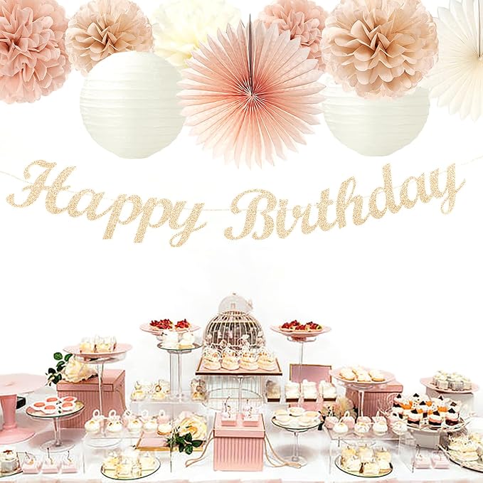 Champagne Rose-Gold Beige Birthday Party-Decorations - 14pcs Happy Banner Boho Lanterns Tissue Pom Poms,Rustic Streamers Garland Fans,Neutral One Sweet Peach Girls Women Hanging Supplies Decor Hugfond