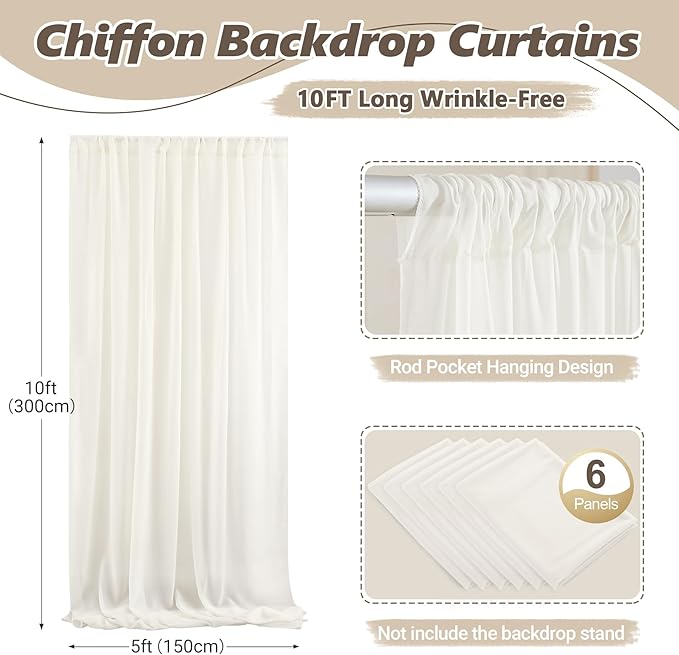 30ft x 10ft Beige Backdrop Curtains, Wrinkle-Free Sheer Chiffon Fabric Photo Backdrop Drapes for Wedding Arch Party Ceremony Stage Photography Decorations